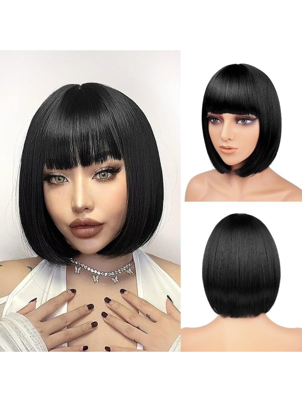 Women Black Heat Resistant Synthetic Bob Party Neon Wig Bangs 12 Inch